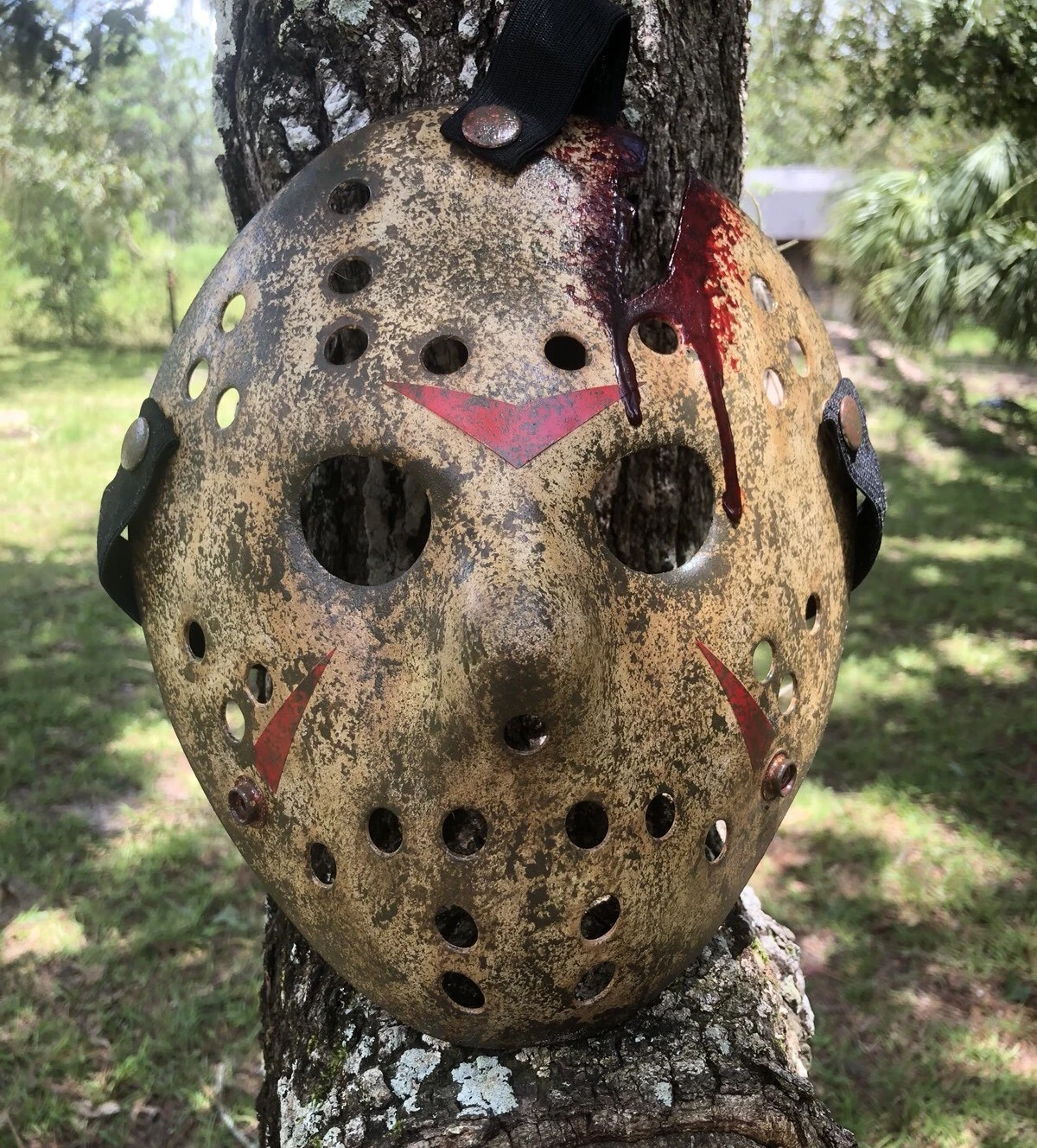 Jason Voorhees Inspired Hand Painted Weathered Full Mossy Hockey Mask-
