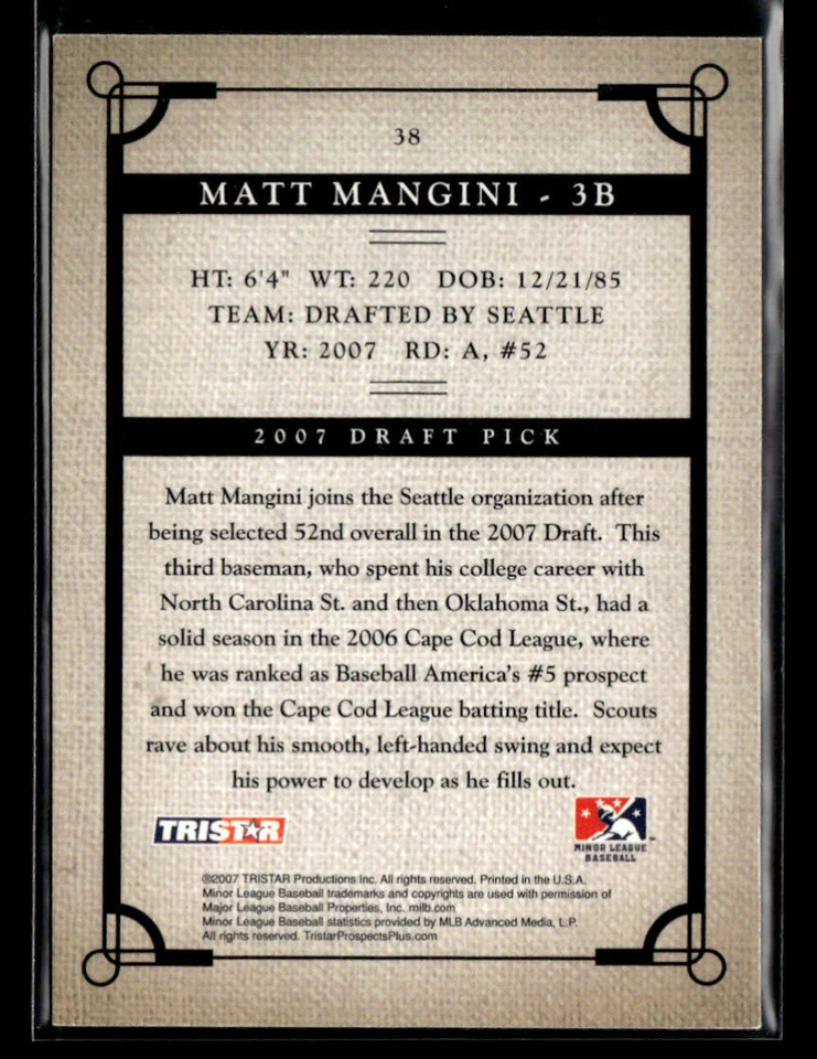 Matt Mangini signed auto 2007 TriStar Prospects Plus #38 card - Image 2 of 2