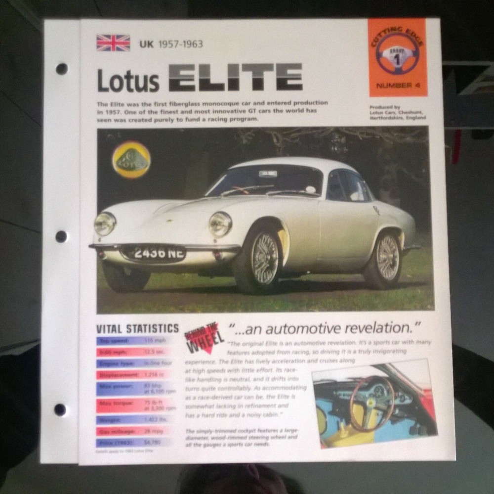 Imp 1957-63 lotus elite  information  brochure hot cars sports car scca race