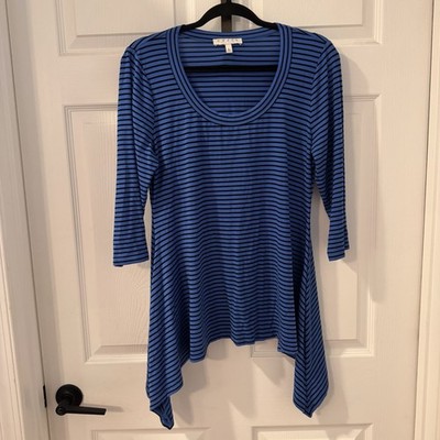 Chaus New York Shirt Blouse Women s Sz L Blue Black Stripes Shark Bite