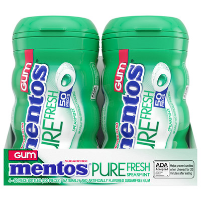 Mentos Pure Fresh Sugar Free Gum, Spearmint 50 Pieces 4 Count Soft Liquid Center