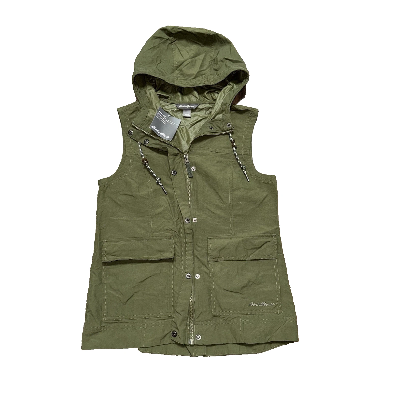 Eddie Bauer Womens Vest Utility Full Zip Nylon Hooded Hiking Size Small Green