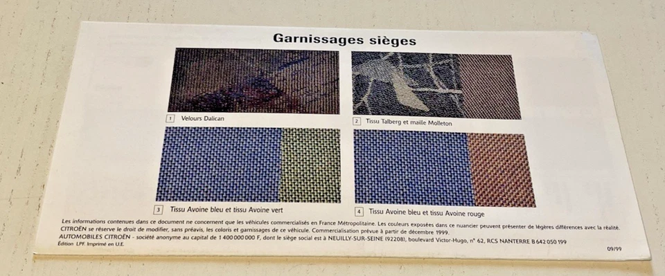 Brochure de Vente CITROEN XSARA Picasso, Couleurs et Garnissages - 09/1999 - Photo 3/3