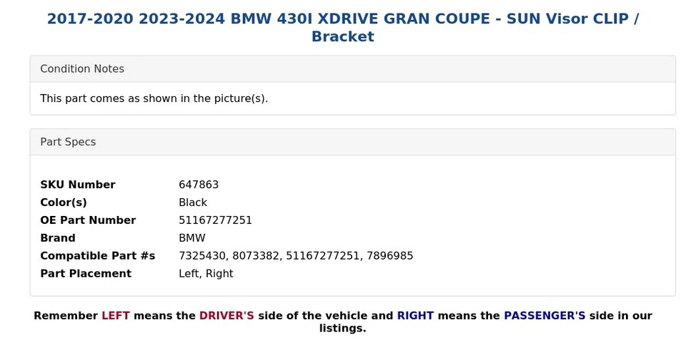 BMW 430I XDRIVE 2017-2020 2023-2024 GRAN CUPÉ - CLIP/soporte parasol Foto 3 de 3