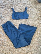 Blue Satin 2 Piece Flared Pants  Square Neck Top Set Sleeveless