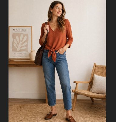 Madewell Texture Thread Tie Front Top Small Rust Orange Cotton V Neck Ribbed EUC