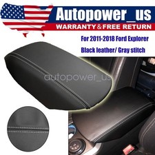 For 2011-2018 Ford Explorer Black Leather Console Lid Armrest Cover Gray Stitch