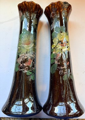 Pair Stoneware Tall Vases Bennington Rockingham 1901-1920-Need Repair