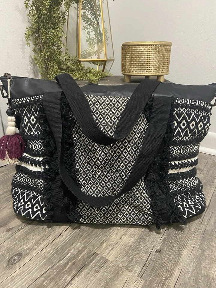 Boho Messenger Bolso de Hombro con Cremallera Borlas Nuevo sin Etiquetas Cuero Vegano Lona Fin de semana Foto 2 de 4