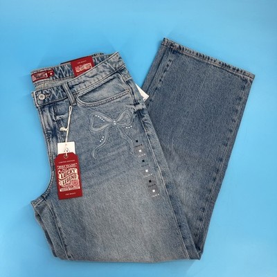 NEW Lucky Brand Legend The Baggy Jeans Wide Leg Bow Embroidered Rhinestone 12/31
