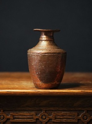 Vintage Nepalesische Handarbeit Kupfer Vase mit dekorativen Messingbändern rustikal 16 cm