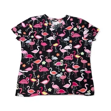 White Cross Scrub Top Women's V-Neck Flamingo Birds Black And Pink Size L
