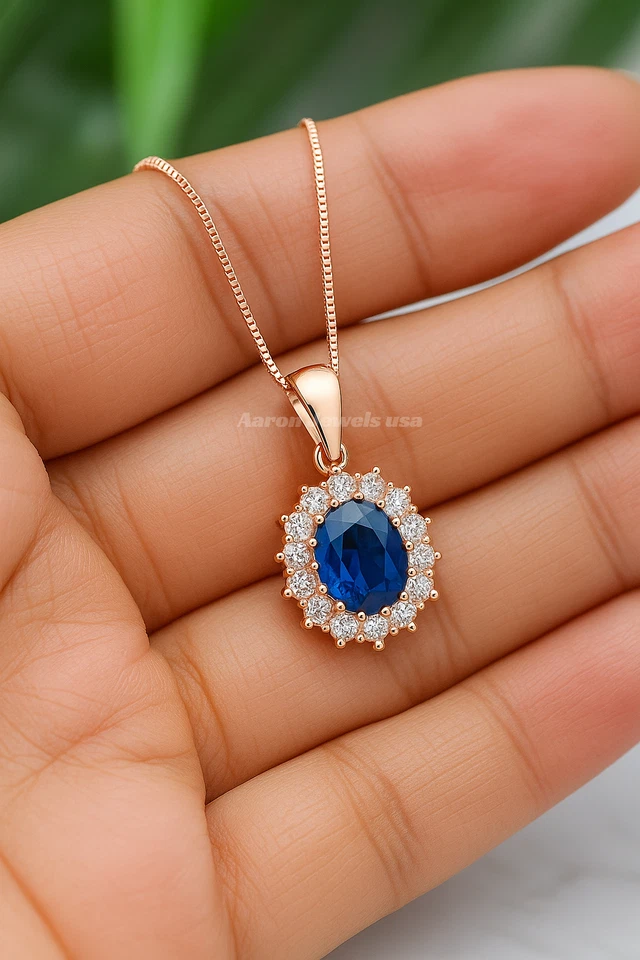 Colgante de diamantes cultivados en laboratorio de zafiro azul e IGI VS1 F de 3,00 quilates de oro rosa de 14 quilates de 18′′ 💎 Foto 3 de 4