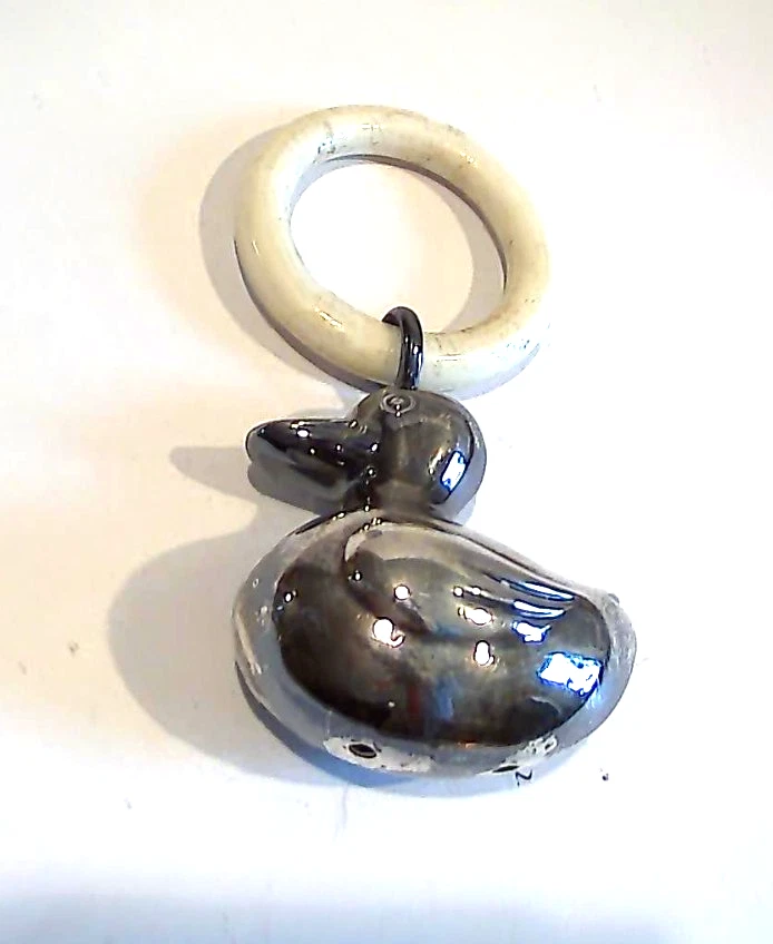 VINTAGE BABY TEETHING RING WITH SILVER PLATED DUCK ATTACHED