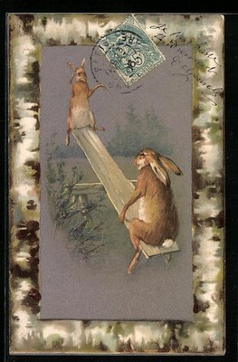 Two Rabbits on a Seesaw, Postcard 1906 