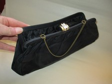 retro Evening Bag Black Clutch Satin goldtone chunky clasp Cocktails elegant