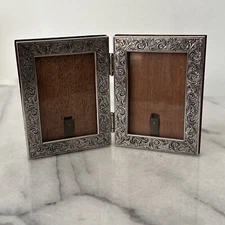 Double Photo Frame Mini Size Scrolls Design Argento 10/1000 Silver Wood Back EXC