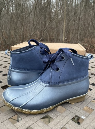 SPERRY SALTWATER 2-EYE NUBUCK 8.5 Women's Duck Boot Blue Rain Suede Preppy - Picture 5 of 8