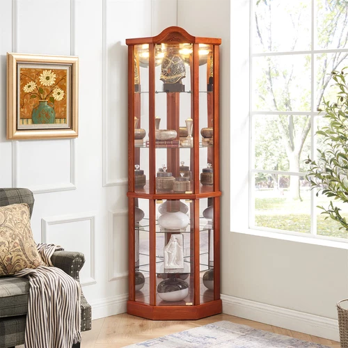 Lighted Curio Cabinet Corner Display Cabinet w/ Adjustable Glass Shelves - Picture 19 of 40