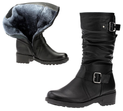 Damen Stiefel Stiefeletten Boots Leder-Optik Gefütterte Winterstiefel Schwarz - Bild 1 von 9