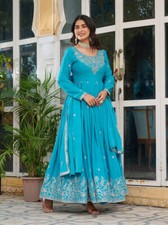 Designer Sky Blue American Silk Salwar Kameez With Dupatta For Reception