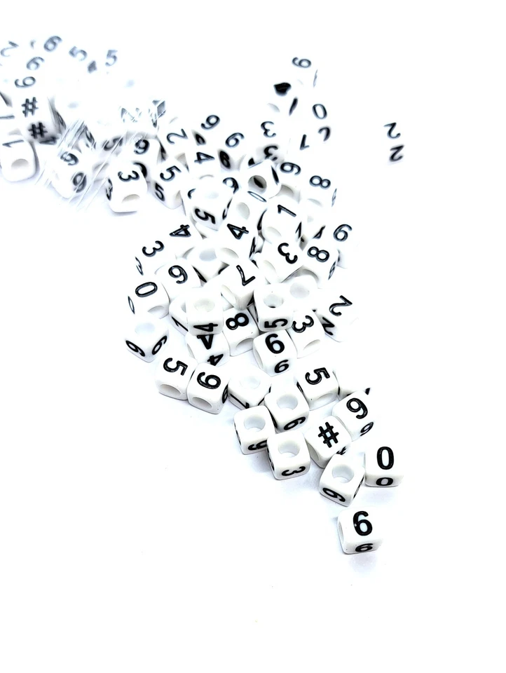 6mm cube white acrylic beads 50/100pcs single number, heart, #; mixed numbers - Image 3 of 3
