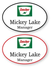 2 WHITE OVAL SINCLAIR DINO PERSONALIZED NAME BADGES SAFETY PIN BACK