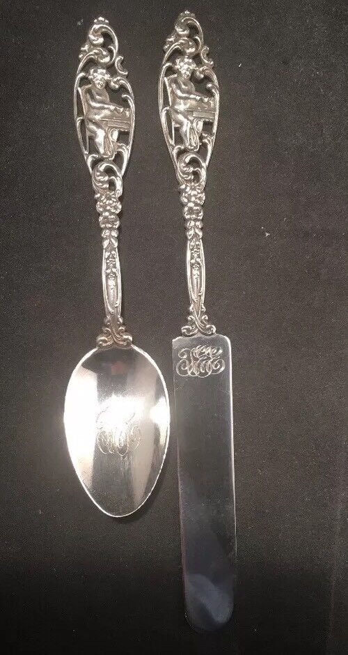 2pc Dominick & Haff Labors Of Cupid Pattern Sterling Silver Tea Knife, Spoon Old