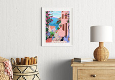 Cat In Street Of Sea Side Village Paint Poster Premium Quality Choose your Size