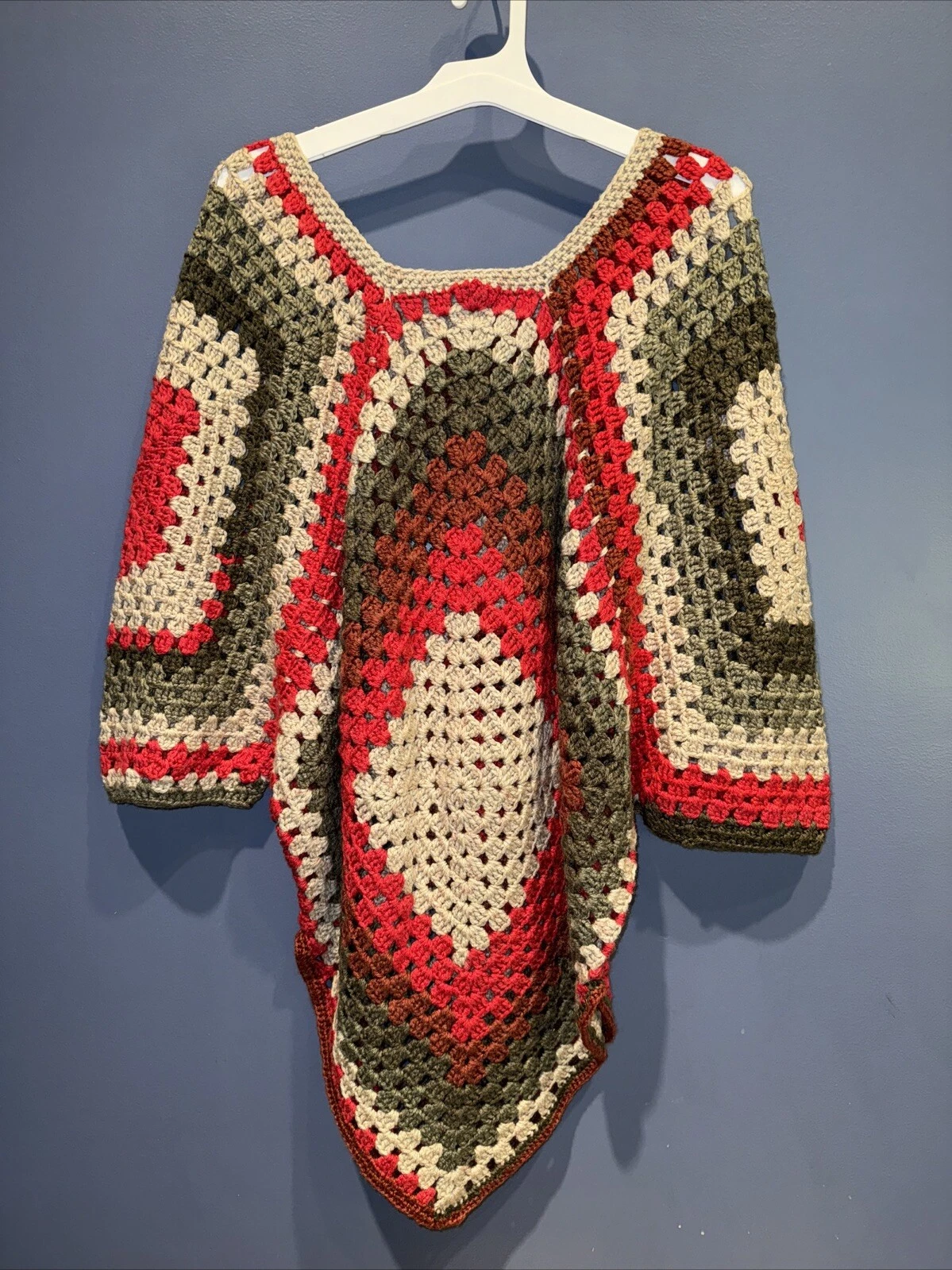 1960’s Granny Square Poncho, Boho, Travel Office Festival Blanket Top
