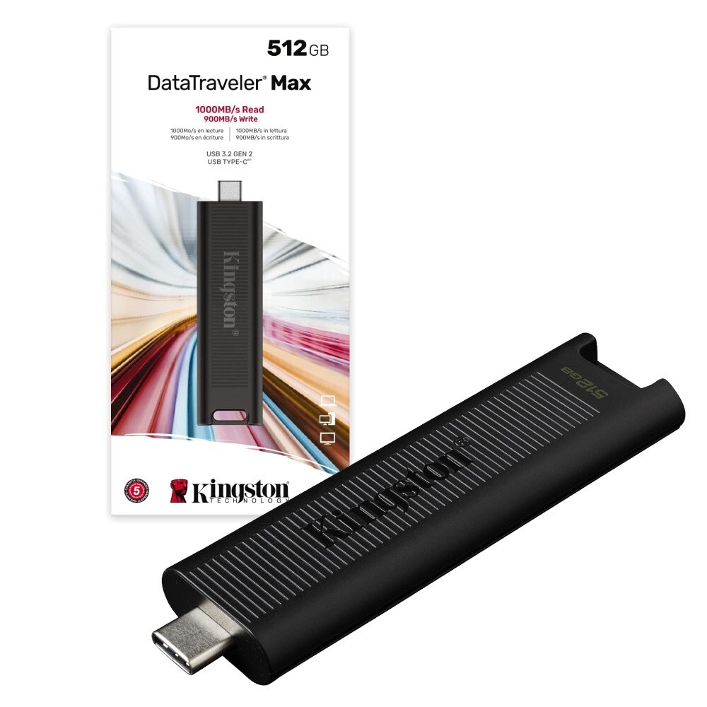 Kingston DataTraveler Max USB-C flash drive shown with 512GB retail packaging