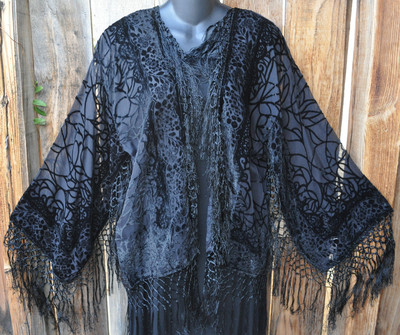ART TO WEAR BLACK SILK VELVET BURNOUT FRINGED SHORT KIMONO JACKET, OS!