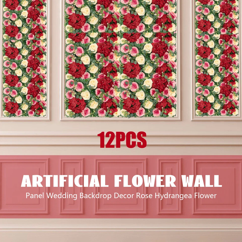 12Pcs Artificial Flower Wall Panel  Backdrop Wedding Rose Hydrangea Flower Decor - Image 3 of 4