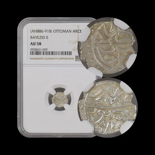 OTTOMAN. 1481, Akce, Silver - NGC AU58 - Bayezid II, Skopje, N. Macedonia 029