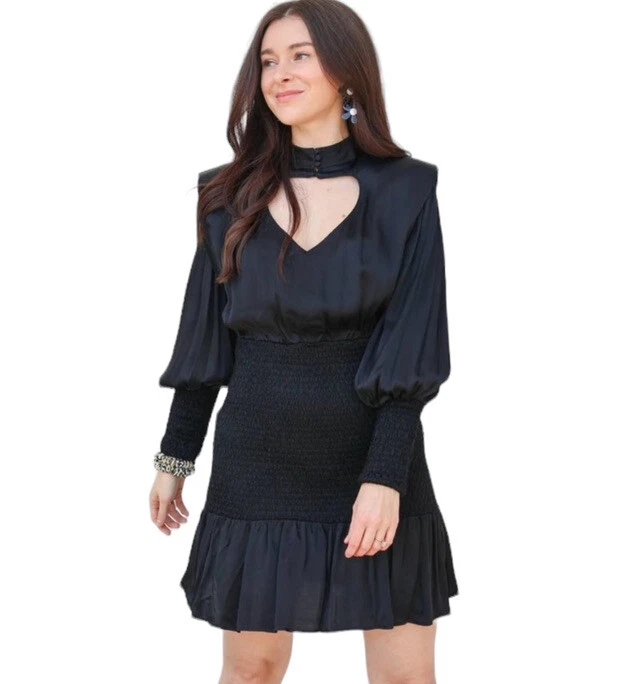 Farm Rio Mini Abito Nero XS Cuore Scollo Increspato Romantico Raso San Valentino