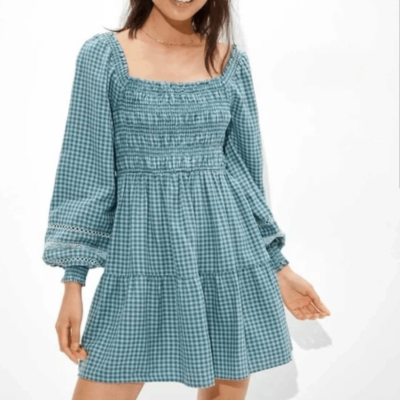 American Eagle green plaid smocked bust long sleeve dress small | eBay