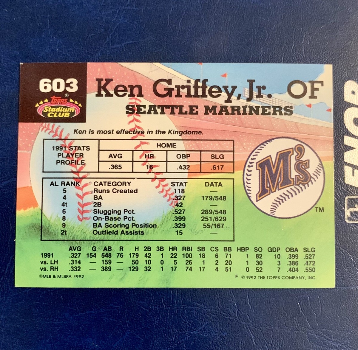Topps Stadium Club 1992 KEN GRIFFEY JR Members Choice Card Seattle