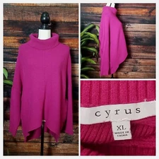 Cyrus Knits Sweater XL Poncho Style Turtleneck Fuchsia High Low Ribbed Womens