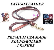 LATIGO LEATHER ROLLED ROUND Dog LEASH Lead USA MADE BROWN with Brass Hardware