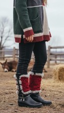 NEW Women Boot Cover Topper Pair Warmer Winter Red Fabric Slip On White Muffs