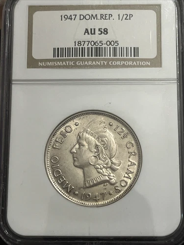 1947 Dominican Republic 1/2 Peso NGC AU58