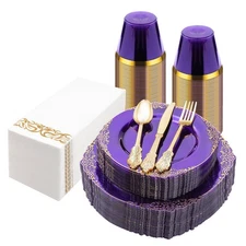 Bestluck 175PCS Clear Purple Plastic Plates for 25 Guests, 25 