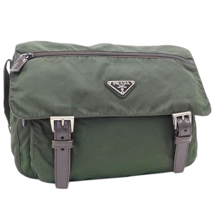 RARE Prada Khaki Green Nylon Leather Shoulder Bag with Triangle Plate Crossbody