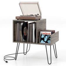 Turntable Stand Record Player Stand w/ Built-in Charging Station Metal Legs