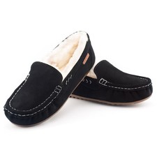 Parfeying Women's Sheepskin Moccasin Slippers Cow Suede Memory Foam 6, Black