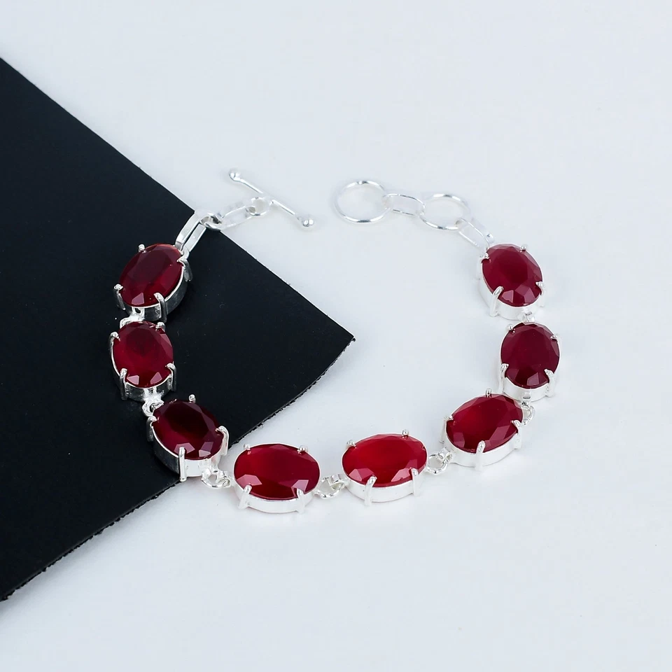 Rosso Rubino Creato IN Laboratorio Gemma 925 Argento Sterling Braccialetto Per - Immagine 2 di 4