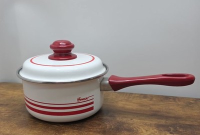 Vintage Kochtopf Schwan rot gestreift weiß Emaille 18 cm mit Deckel roter Griff 