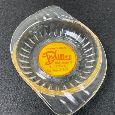 Vtg Ashtray D'Miller Photographers Adams St. San Diego Clear Glass Yellow ACL Ad