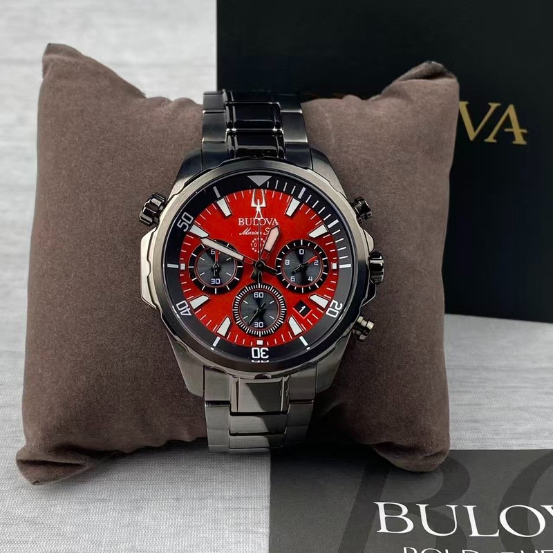 New Bulova Marine Star Men's Chronograph Quartz Watch Red Dial 98B350 43 mm