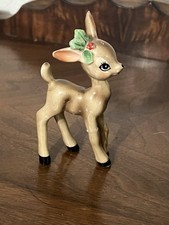 VTG Josef Originals W Sticker Christmas Holly Fawn Deer Figurine Read